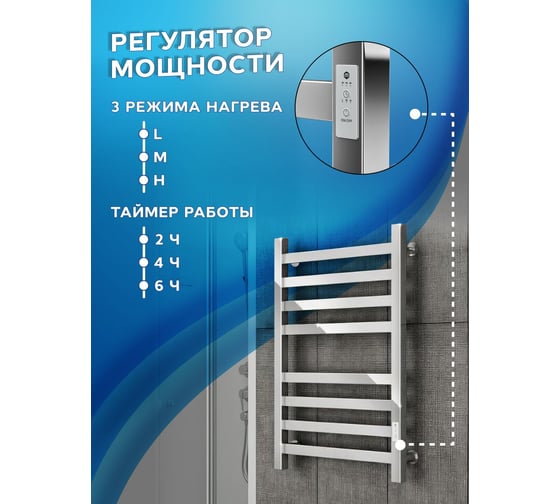 Полотенцесушитель электрический профильный Bauedge BAU В81/10 50х80, 2 вставки 4+4, с таймером справа M0001
