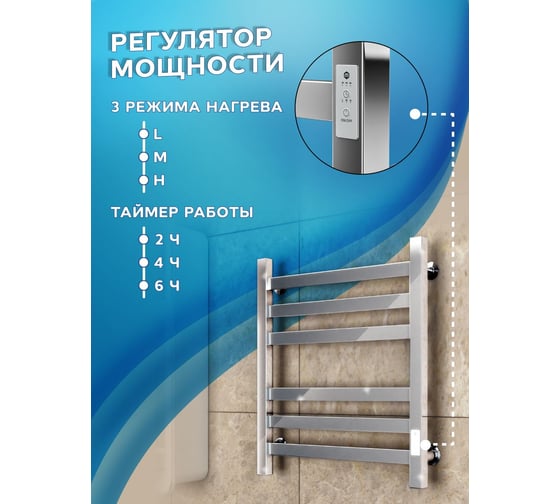 Полотенцесушитель электрический профильный Bauedge BAU В81/10 50х60, 2 вставки 3х3, размер 30x10 с таймером справа M0003