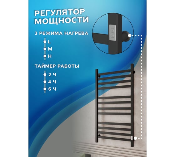 Полотенцесушитель электрический профильный Bauedge BAU В81/10 60х120, 3 вставки 4-4-4, черный матовый RAL 9005 с таймером, универсальное подключение M0101U