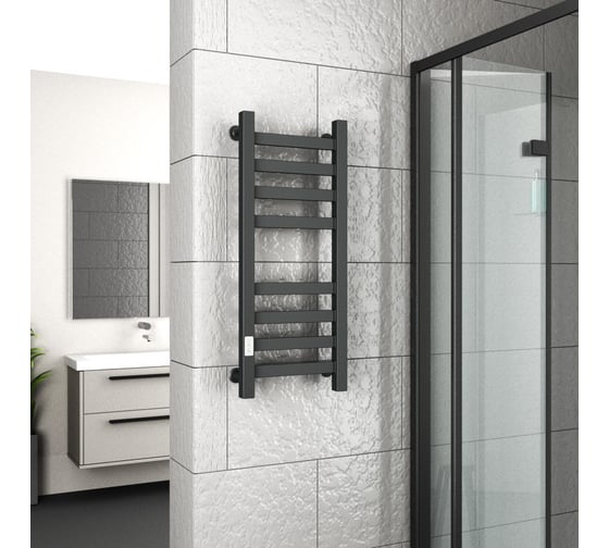Полотенцесушитель электрический профильный Bauedge BAU В81/10 30х80, 2 вставки 4х4, размер 30x10, черный матовый RAL 9005 с таймером слева M0016
