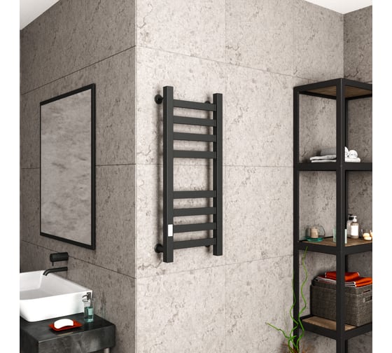 Полотенцесушитель электрический профильный Bauedge BAU В81/10 30х80, 2 вставки 4х4, размер 30x10, черный матовый RAL 9005 с таймером слева M0016