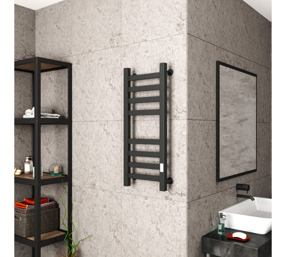 Полотенцесушитель электрический профильный Bauedge BAU В81/10 30х80, 2 вставки 4х4, размер 30x10, черный матовый RAL 9005 с таймером справа M0015