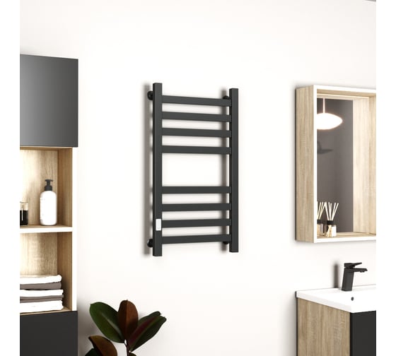 Полотенцесушитель электрический профильный Bauedge BAU В81/10 40х80, 2 вставки 4х4, размер 30x10, черный матовый RAL 9005 с таймером слева M0014