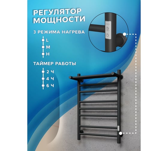Полотенцесушитель электрический Bauedge с полкой BAU В10 50х80 П7 (2+3+2) с таймером справа, черный матовый RAL 9005, универсальное подключение M0023U