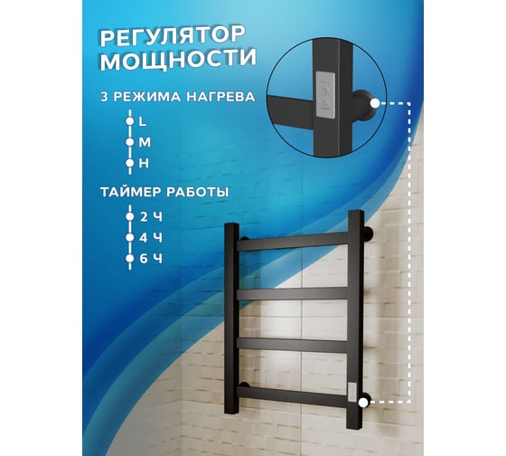 Полотенцесушитель электрический профильный Bauedge BAU В81/10 40х60, 4 вставки равномерно, черный матовый RAL 9005 с таймером справа M0055
