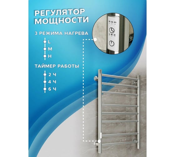 Полотенцесушитель электрический Bauedge BAU В10 50х80, П8 (3+3+2) с таймером справа, нерж. сталь, хром M0031