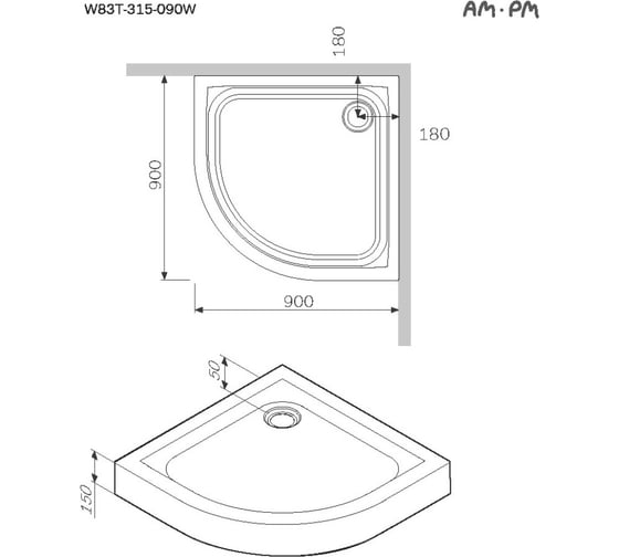 Поддон для душевого ограждения AM.PM Like Solo Slide 90x90 W83T-315-090W
