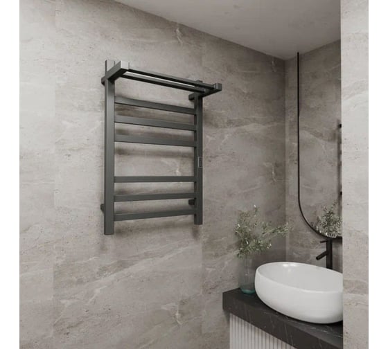 Полотенцесушитель электрический профильный с полкой Bauedge BAU Hotel Shelf Gun Grey 50x80, 6 планок, универсальный, темно-серый металлик DB-0088