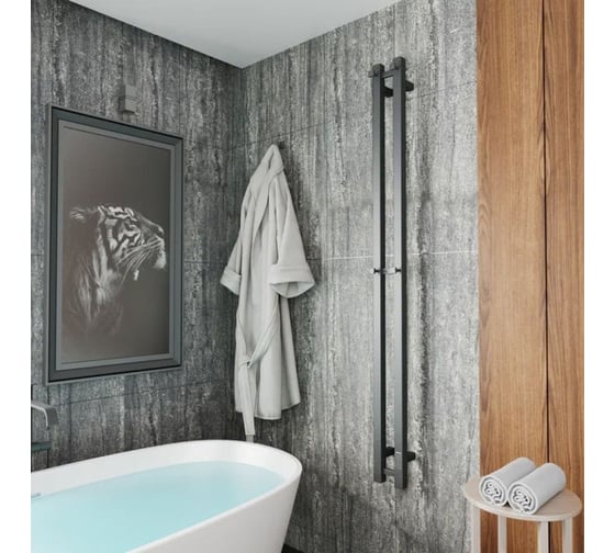 Полотенцесушитель дизайнерский электрический Bauedge профильный BAU Stella Square Gun Grey 8x160, 2 коллектора, 2 крючка, темно-серый металлик DB-0106
