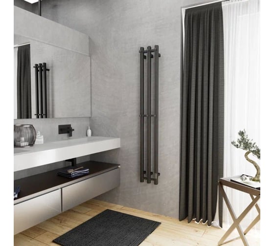 Полотенцесушитель дизайнерский электрический Bauedge профильный BAU Stella Square Gun Grey 12x160, 3 коллектора, 2 крючка, темно-серый металлик DB-0105