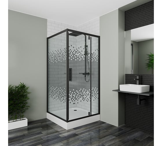 Душевой уголок квадратный с распашной дверью Bauedge BAU Stil с поддоном, 90x90x200, стекло с черным рисунком 6 мм, черный матовый профиль SB0032B