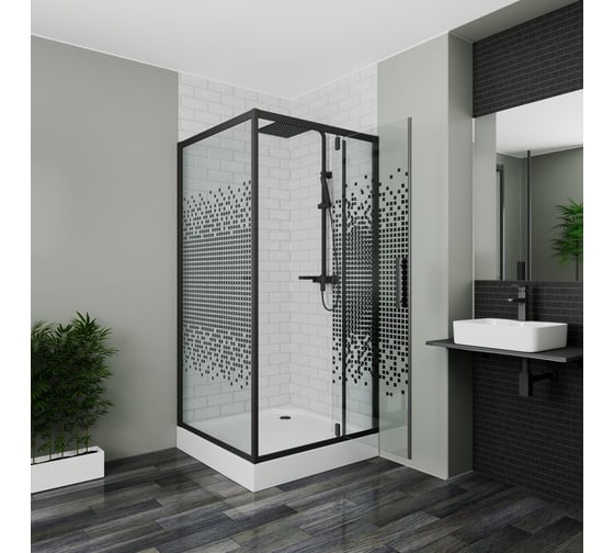 Душевой уголок квадратный с распашной дверью Bauedge BAU Stil с поддоном, 90x90x200, стекло с черным рисунком 6 мм, черный матовый профиль SB0032B