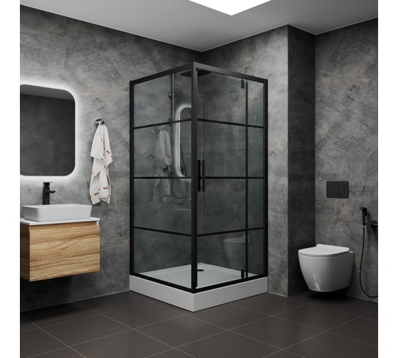 Душевой уголок квадратный с распашной дверью Bauedge BAU Stil square 90х90х200, с поддоном 12.5 см, черные профили, с сифоном SB0018B