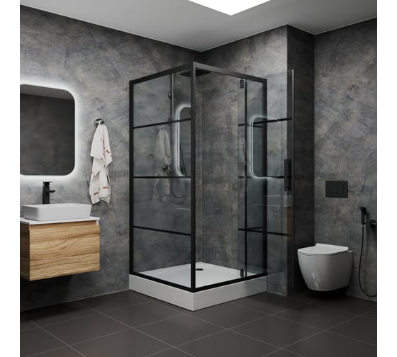 Душевой уголок квадратный с распашной дверью Bauedge BAU Stil square 90х90х200, с поддоном 12.5 см, черные профили, с сифоном SB0018B