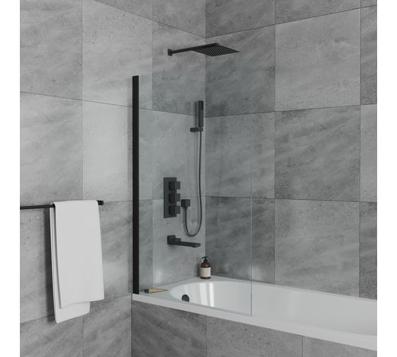 Шторка на ванну Bauedge BAU Stil 140x80, прозрачное закаленное стекло 6 мм, черный матовый профиль SB0034