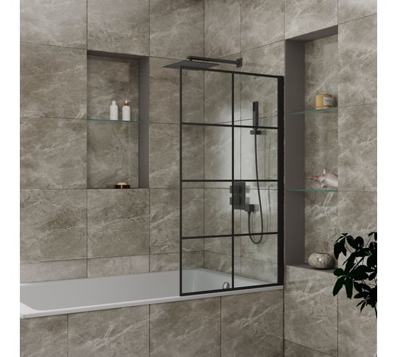 Шторка на ванну Bauedge BAU Stil square 140x80, прозрачное закаленное стекло 6 мм, черный матовый профиль SB0035