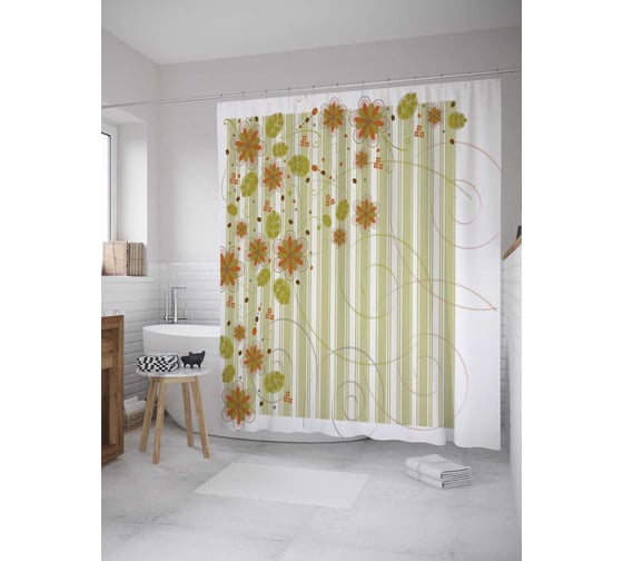 Штора (занавеска) для ванной JoyArty "Угловое цветение" из сатена, 180х200 см с крючками, sc_32114 1