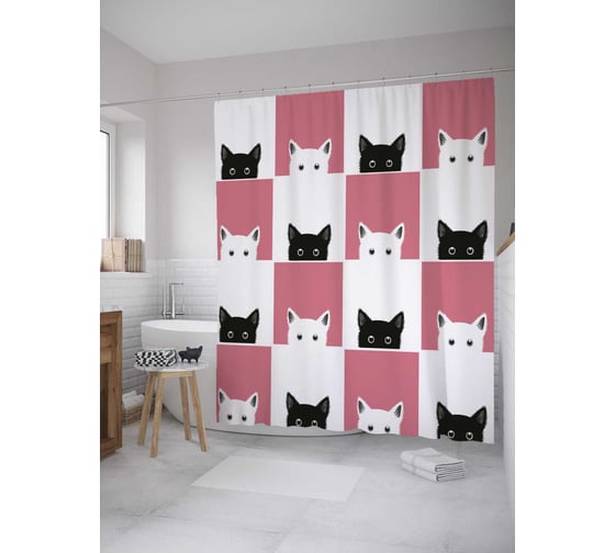 Штора (занавеска) для ванной JoyArty "Выглядывающие котята" из сатена, 180х200 см с крючками, sc_32574