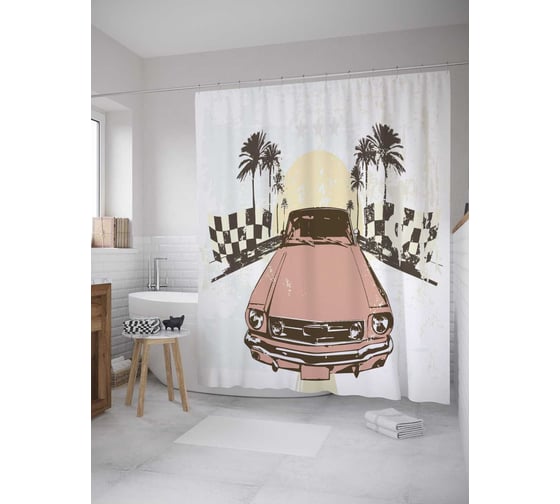 Штора (занавеска) для ванной JoyArty "Ретро автомобиль" из сатена, 180х200 см с крючками, sc_32720 1