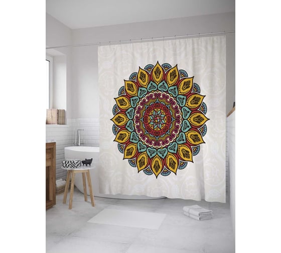 Штора (занавеска) для ванной JoyArty "Лепестковая мандала" из сатена, 180х200 см с крючками, sc_33891 1