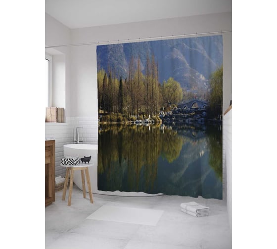 Штора (занавеска) для ванной JoyArty "Горное озеро" из сатена, 180х200 см с крючками, sc_32850