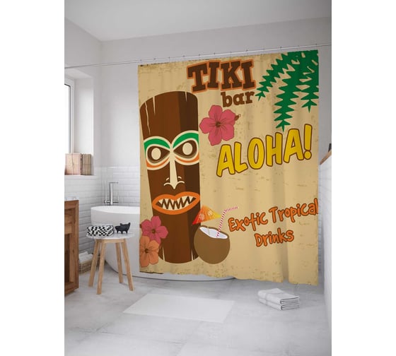 Штора (занавеска) для ванной JoyArty "Напитки тики-бара" из сатена, 180х200 см с крючками, sc_37743 1