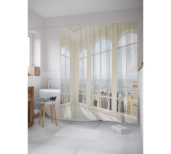 Штора (занавеска) для ванной JoyArty "Веранда с видом на город" из сатена, 180х200 см с крючками, sc_34827 1
