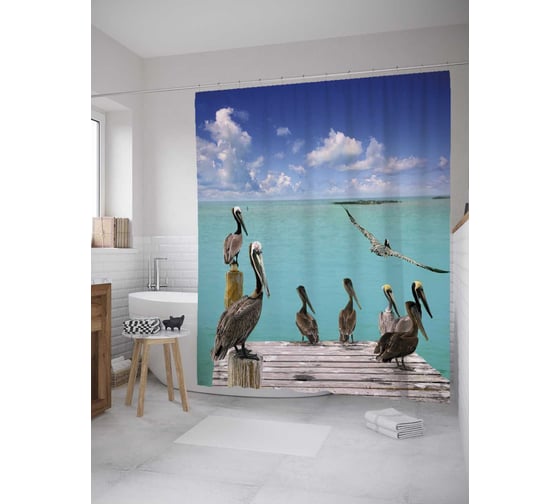 Штора (занавеска) для ванной JoyArty "Пеликаны на причале" из сатена, 180х200 см с крючками, sc_32246 1