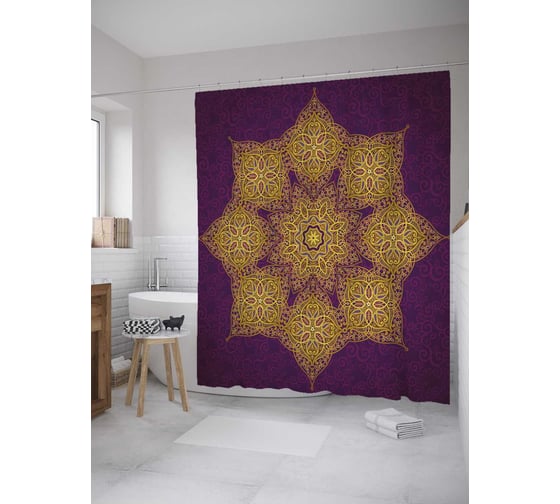 Штора (занавеска) для ванной JoyArty "Угольная мандала" из сатена, 180х200 см с крючками, sc_33858