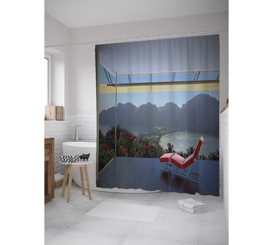 Штора (занавеска) для ванной JoyArty "Шезлонг на террасе" из сатена, 180х200 см с крючками, sc_34850 1