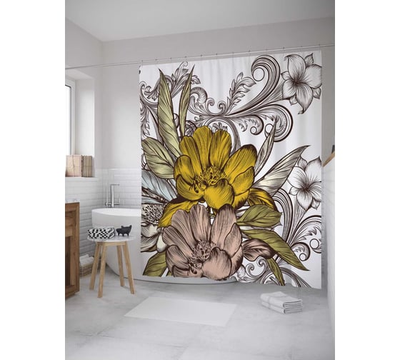 Штора (занавеска) для ванной JoyArty "Графические цветы" из сатена, 180х200 см с крючками, sc_33078 1