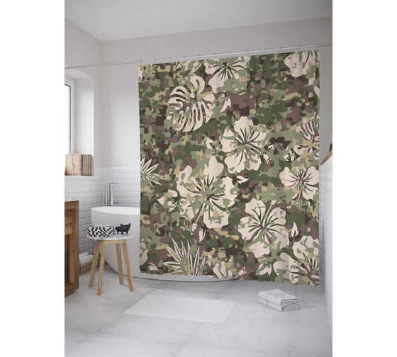 Штора (занавеска) для ванной JoyArty "Камуфляжные тропики" из сатена, 180х200 см с крючками, sc_34625 1