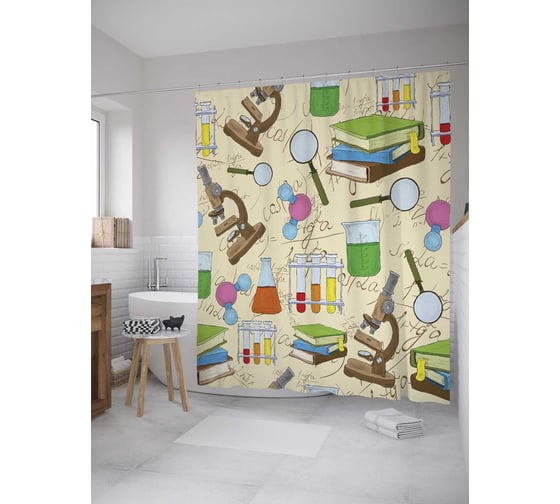 Штора (занавеска) для ванной JoyArty "Учебные принадлежности" из сатена, 180х200 см с крючками, sc_32966 1