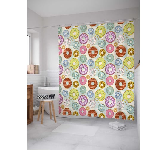 Штора (занавеска) для ванной JoyArty "Пончики с кремом" из сатена, 180х200 см с крючками, sc_33096 1