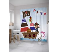 Штора (занавеска) для ванной JoyArty "Детский кораблик пиратиков" из сатена, 180х200 см с крючками, sc_34595