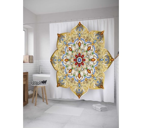 Штора (занавеска) для ванной JoyArty "Восточный цветок с узорами" из сатена, 180х200 см с крючками, sc_33841