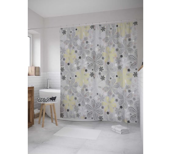 Штора (занавеска) для ванной JoyArty "Ажурные ромашки" из сатена, 180х200 см с крючками, sc_34683 1