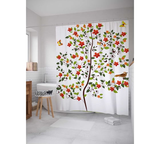 Штора (занавеска) для ванной JoyArty "Птицы на цветущем дереве" из сатена, 180х200 см с крючками, sc_32184 1