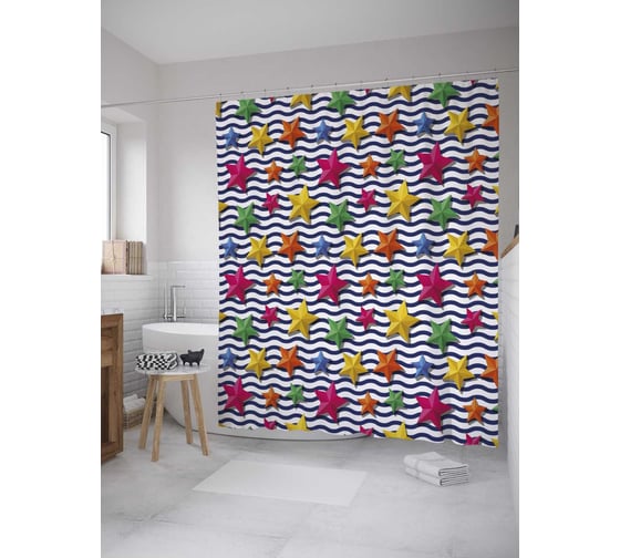 Штора (занавеска) для ванной JoyArty "Цветные морские звезды" из сатена, 180х200 см с крючками, sc_32119 1