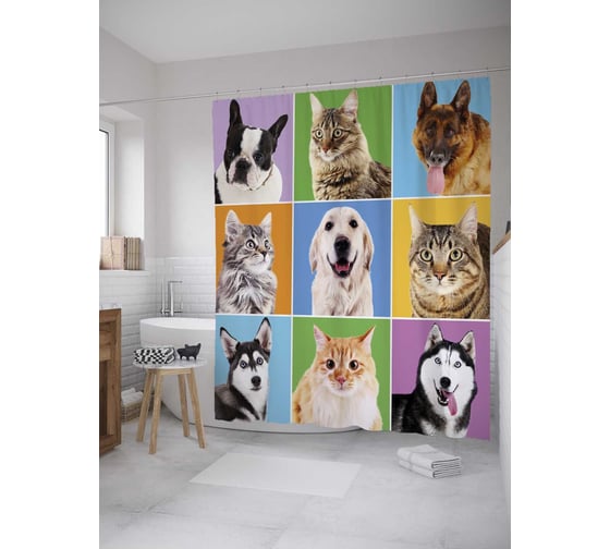 Штора (занавеска) для ванной JoyArty "Домашние любимцы" из сатена, 180х200 см с крючками, sc_32094 1