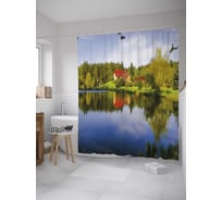 Штора (занавеска) для ванной JoyArty "Дом между лесом и озером" из сатена, 180х200 см с крючками, sc_32732