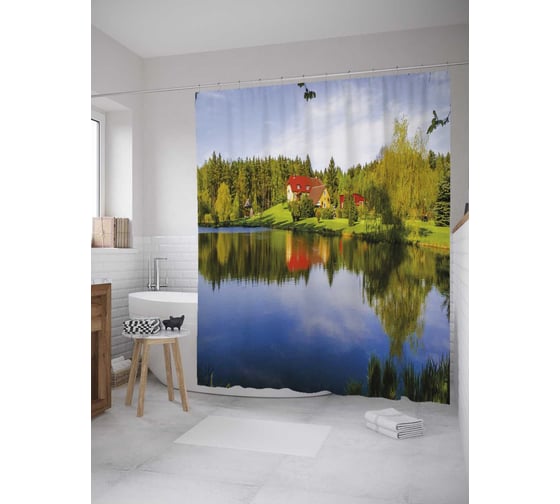 Штора (занавеска) для ванной JoyArty "Дом между лесом и озером" из сатена, 180х200 см с крючками, sc_32732 1