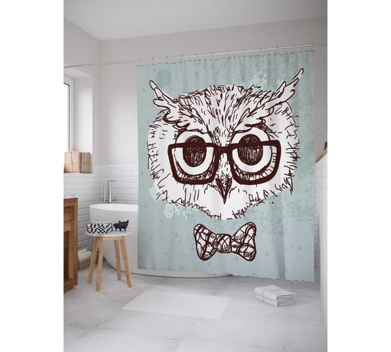 Штора (занавеска) для ванной JoyArty "Умный филин" из сатена, 180х200 см с крючками, sc_32511 1
