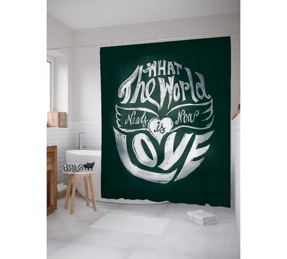Штора (занавеска) для ванной JoyArty "Миру нужна любовь" из сатена, 180х200 см с крючками, sc_37493 1