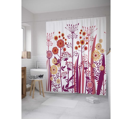 Штора (занавеска) для ванной JoyArty "Полевое цветение" из сатена, 180х200 см с крючками, sc_32198