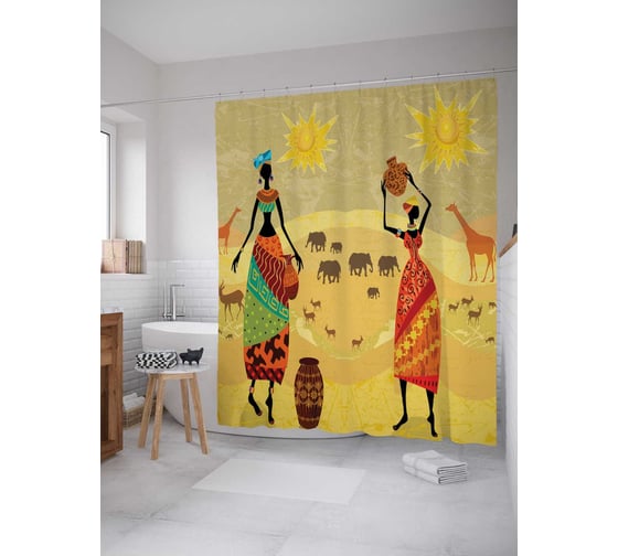 Штора (занавеска) для ванной JoyArty "Под солнцем Африки" из сатена, 180х200 см с крючками, sc_3486 1