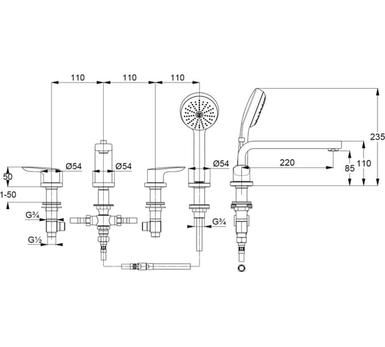 Смеситель для ванны на 4 отверстия KLUDI PURE&SOLID KL344230575