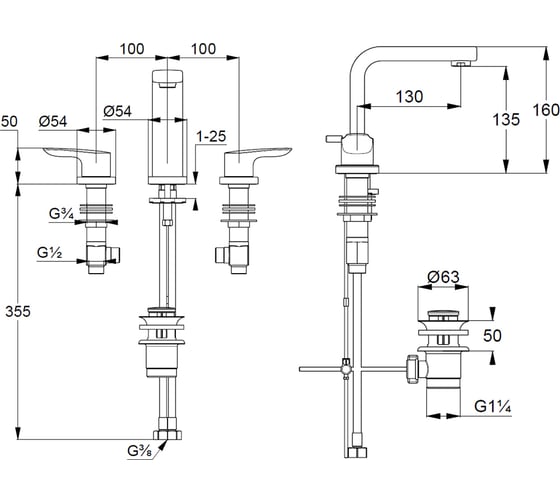 Смеситель на умывальник на 3 отверстия KLUDI PURE&SOLID KL343940575