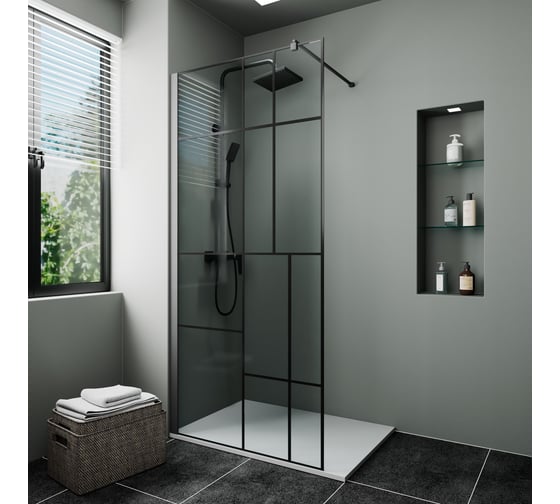 Душевая перегородка Bauedge BAU Stil tetris 190x90 см, прозрачное стекло 6 мм, черный матовый профиль SB0021B