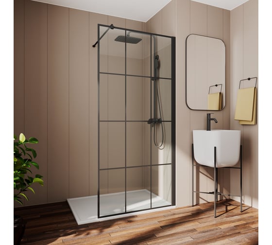Душевая перегородка Bauedge BAU Stil square 190x90 см, прозрачное стекло 6 мм, черный матовый профиль SB0020B